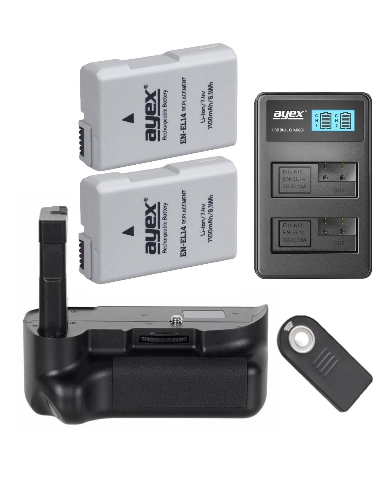 Batteriegriff Set für Nikon D5200 D5100 + IR-Fernauslöser + 2x EN-EL14 Akku + 1x USB Dual Ladegerät Batteriegriff Set für Nikon D5200 D5100 + IR-Fernauslöser + 2x EN-EL14 Akku + 1x USB Dual Ladegerät