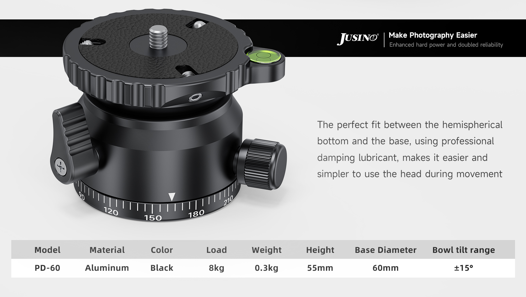 JUSINO Stativ-Nivellierbasis Neigekopf mit 360° Panorama-Funktion und ±15° Neigung PD-60 JUSINO Stativ-Nivellierbasis Neigekopf mit 360° Panorama-Funktion und ±15° Neigung PD-60