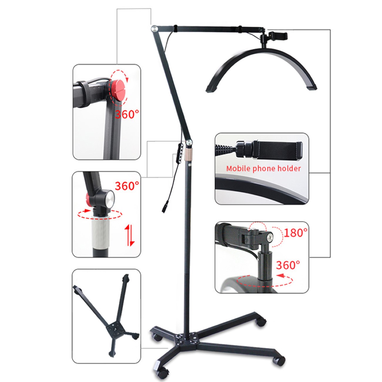 Professionelle LED Halbmondlampe für Wimpernverlängerung Duale Farbtemperatur 4 Räder & Arm Aluminium - 5 (Custom).jpg LED Halbmondlampe Beauty Light Duale Farbtemperatur 4 Räder Arm Aluminium