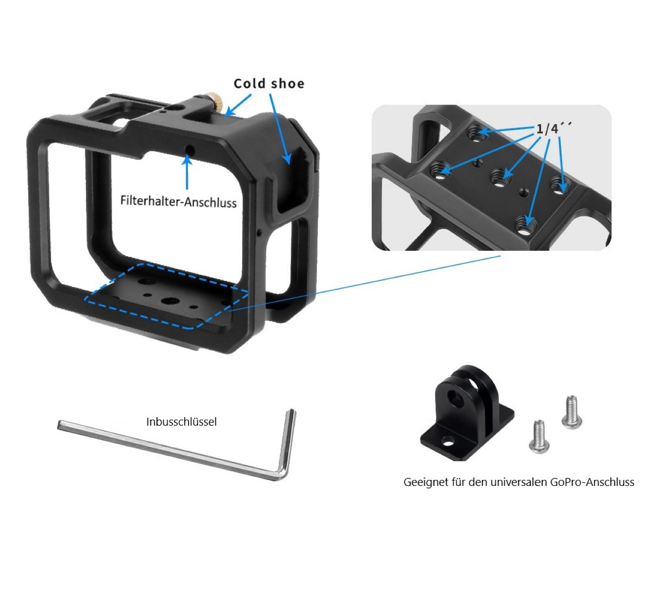 Schutzgehäuse Schutzrahmen Cage Passend für GoPro Hero 9 10 & 11 2 Hot-Shoe-Anschlüsse Schieberahmen Aluminium Schutzgehäuse Schutzrahmen Cage Passend für GoPro Hero 9 10 & 11 2 Hot-Shoe-Anschlüsse Schieberahmen Aluminium