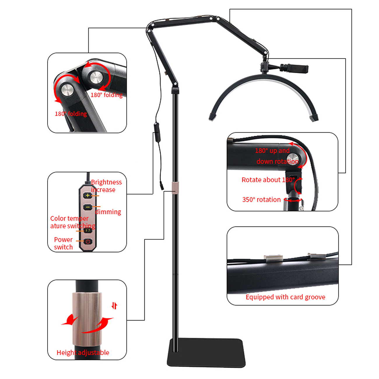 LED Halbmond Beauty Light Farbtemperatur 3000K-6000K Schwenkbar stabile Stand & Telefonhalterung
