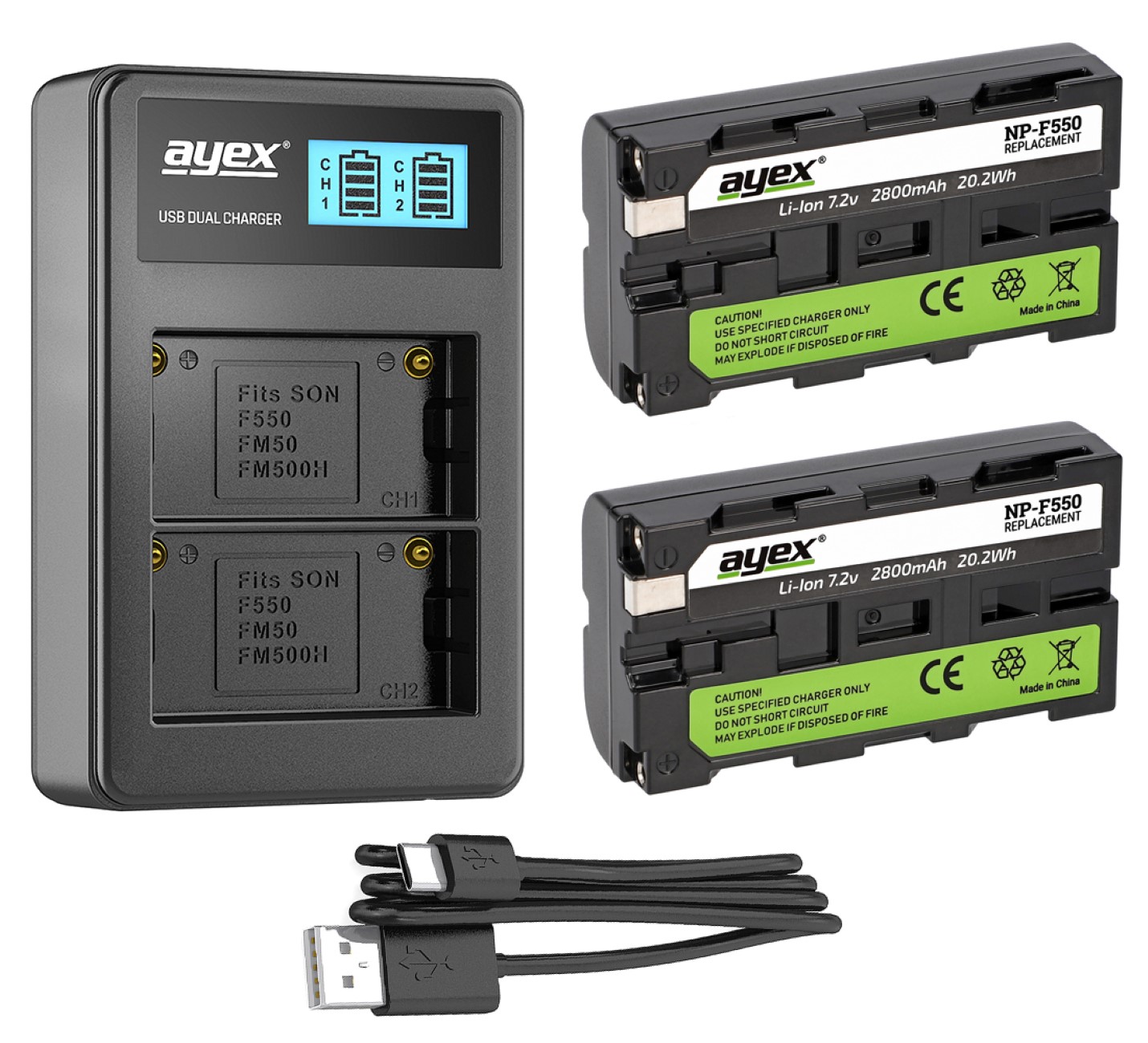 ayex Power Set mit 2x NP-F550 Akku für Sony + 1x USB Dual Ladegerät ayex Power Set mit 2x NP-F550 Akku für Sony + 1x USB Dual Ladegerät