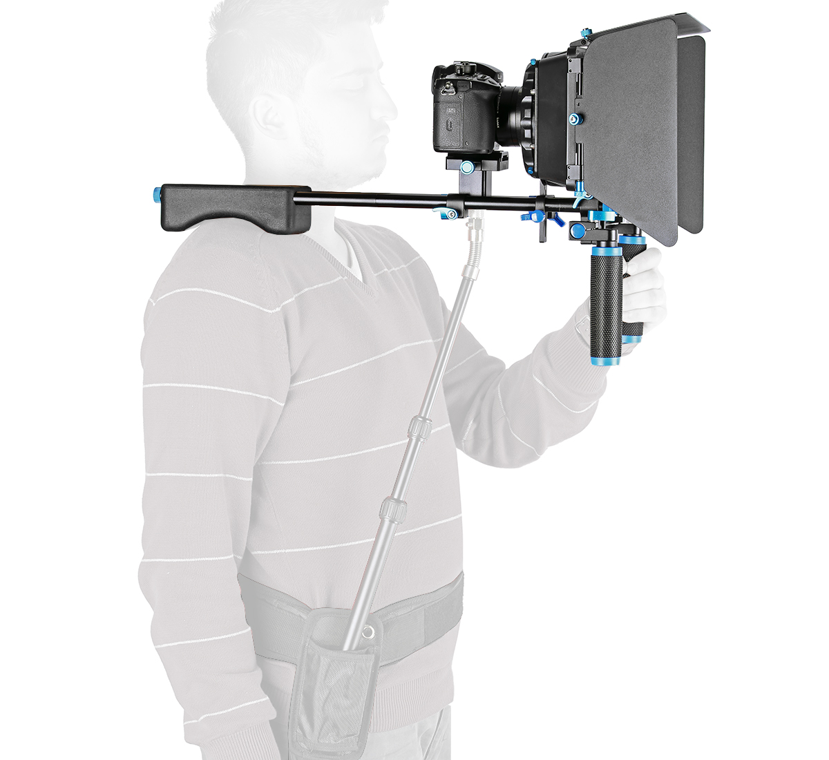 ayex D2-B Schulterstativ DSLR Rig mit verstellbarer Basisplatte und M4 Matte Box ayex D2-B Schulterstativ DSLR Rig mit verstellbarer Basisplatte und M4 Matte Box