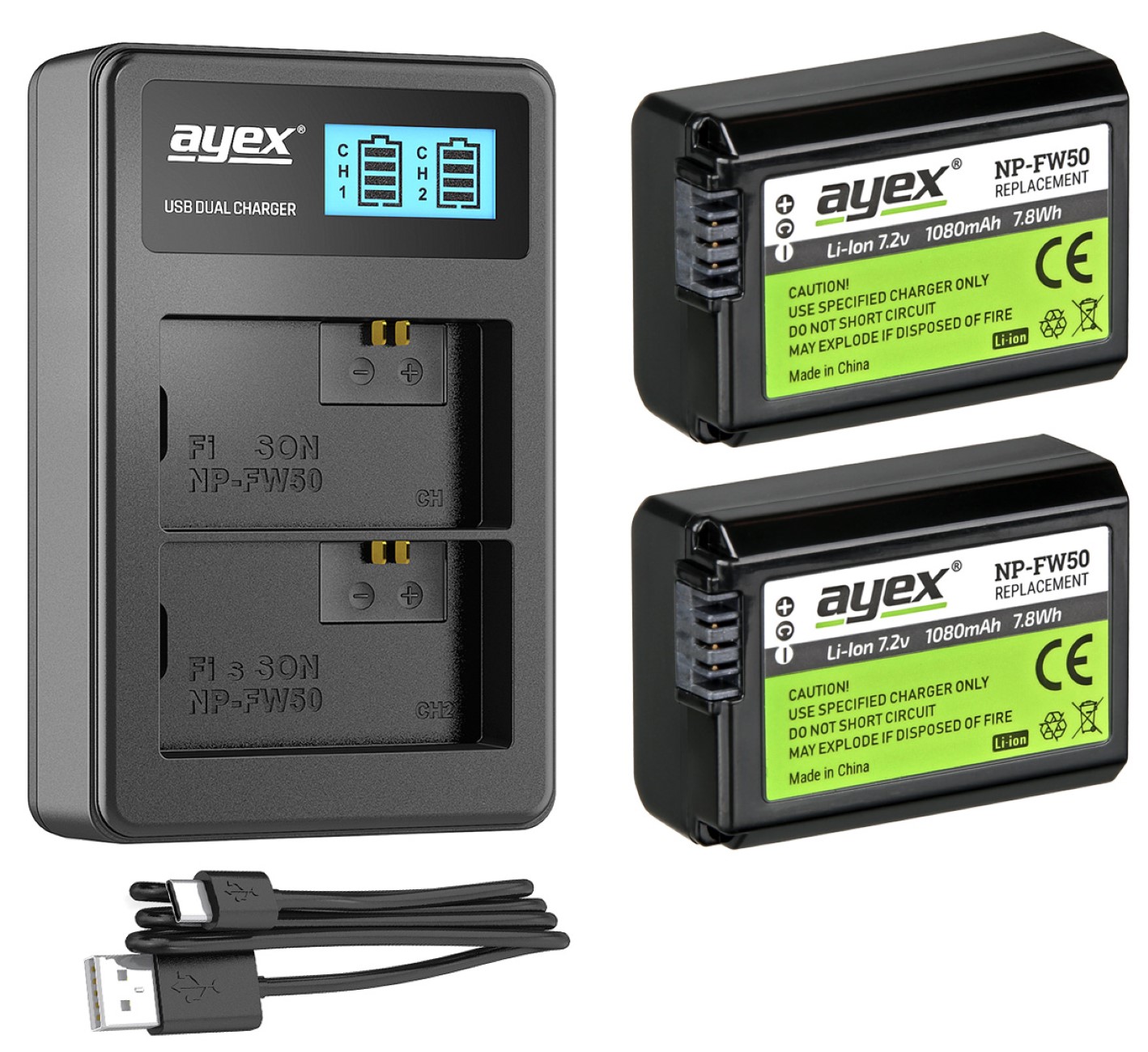 ayex Power Set mit 2x NP-FW50 Akku für Sony + 1x USB Dual Ladegerät ayex Power Set mit 2x NP-FW50 Akku für Sony + 1x USB Dual Ladegerät