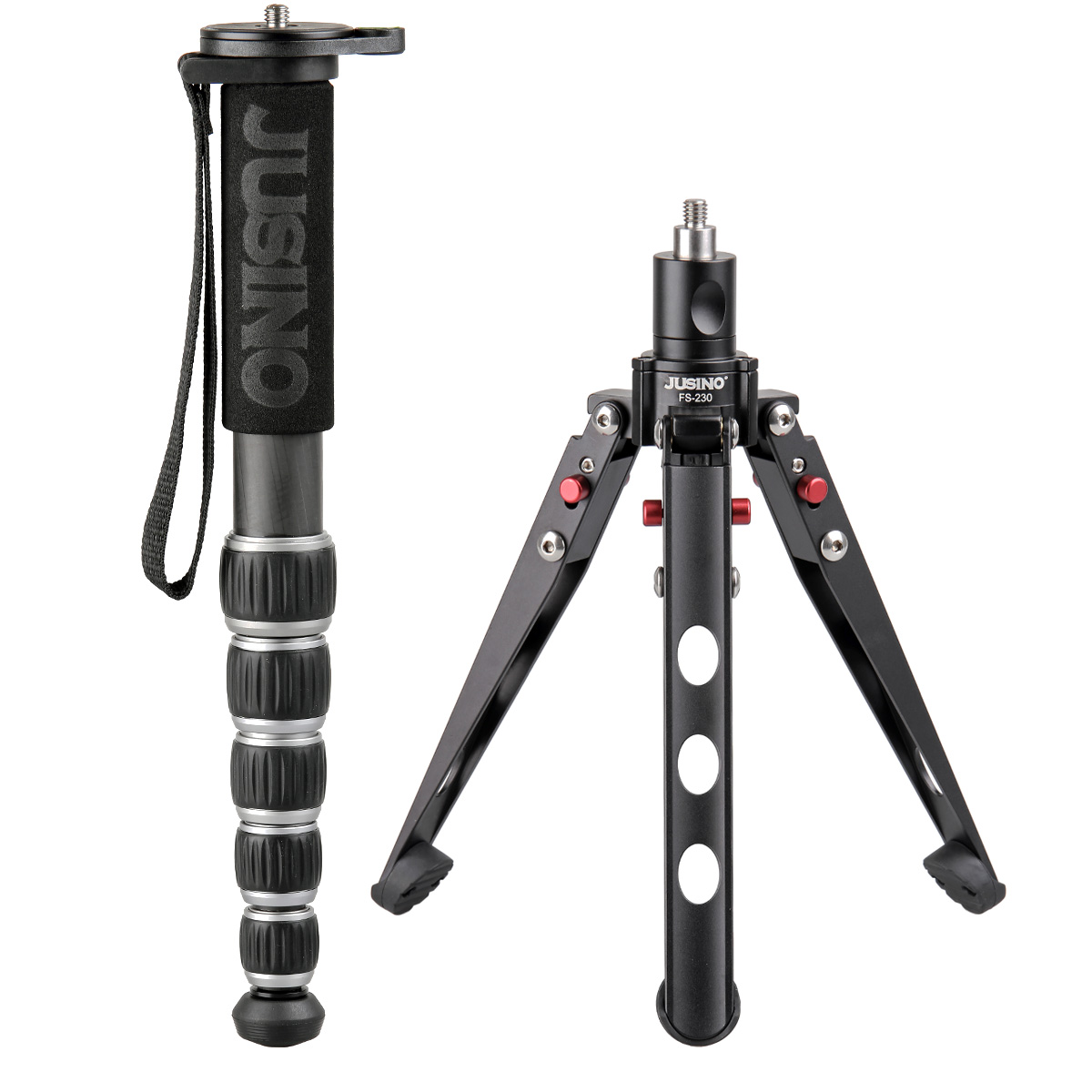 JUSINO Leichtes Karbon-Monopod bis 140cm/18kg ausklappbare Standspinne Kugelgelenk Tischstativ-Funktion