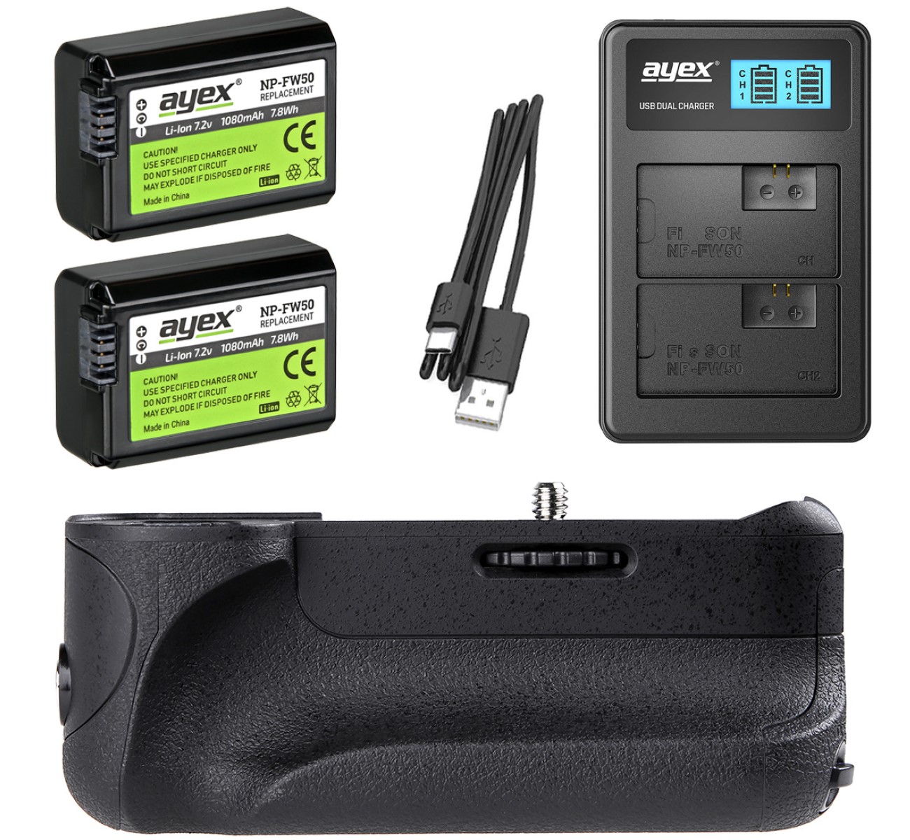 Batteriegriff Set für Sony Alpha A6300 A6000 + 2x NP-FW50 Akku + 1x USB Dual Ladegerät Batteriegriff Set für Sony Alpha A6300 A6000 + 2x NP-FW50 Akku + 1x USB Dual Ladegerät