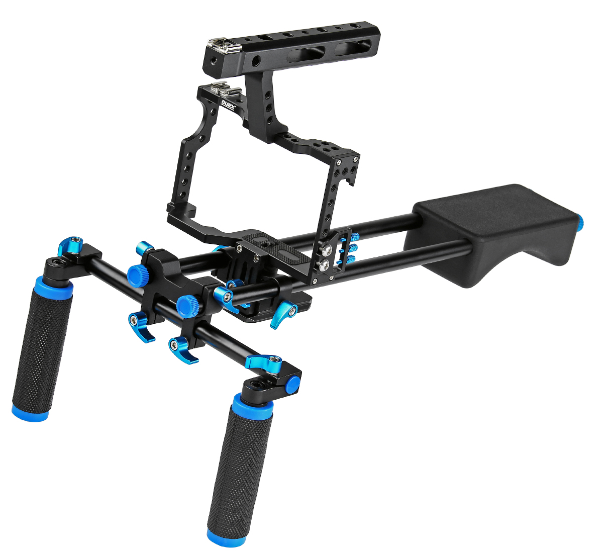 ayex Schulterstativ Kamera Cage Rig Set für Sony A7, A7II, A7R, A7RII, A7S, A7SII und Panasonic Lumix DMC-GH4 - Cage C5 Set ayex Schulterstativ Kamera Cage Rig Set für Sony A7, A7II, A7R, A7RII, A7S, A7SII und Panasonic Lumix DMC-GH4 - Cage C5 Set