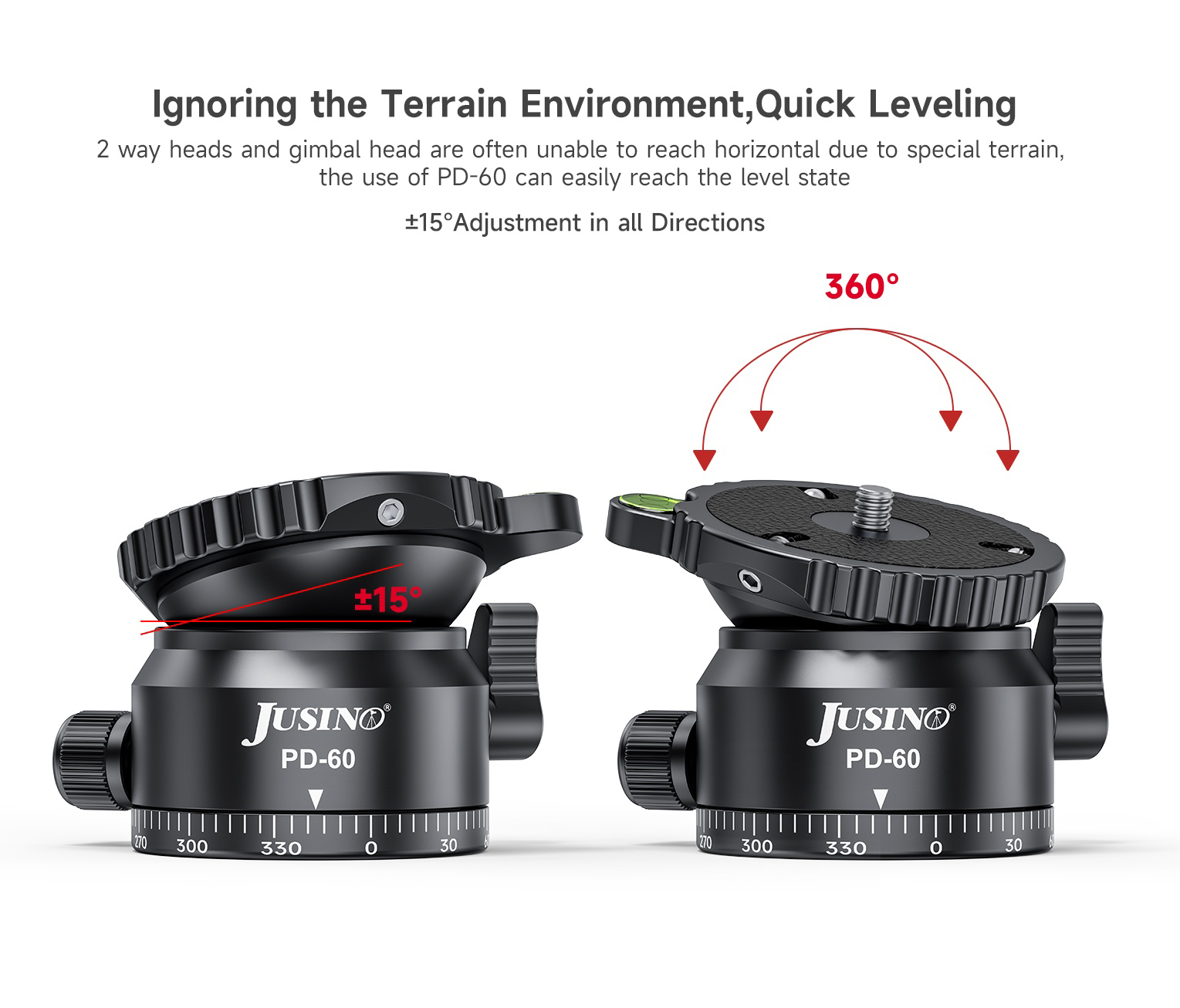 JUSINO Stativ-Nivellierbasis Neigekopf mit 360° Panorama-Funktion und ±15° Neigung PD-60 JUSINO Stativ-Nivellierbasis Neigekopf mit 360° Panorama-Funktion und ±15° Neigung PD-60