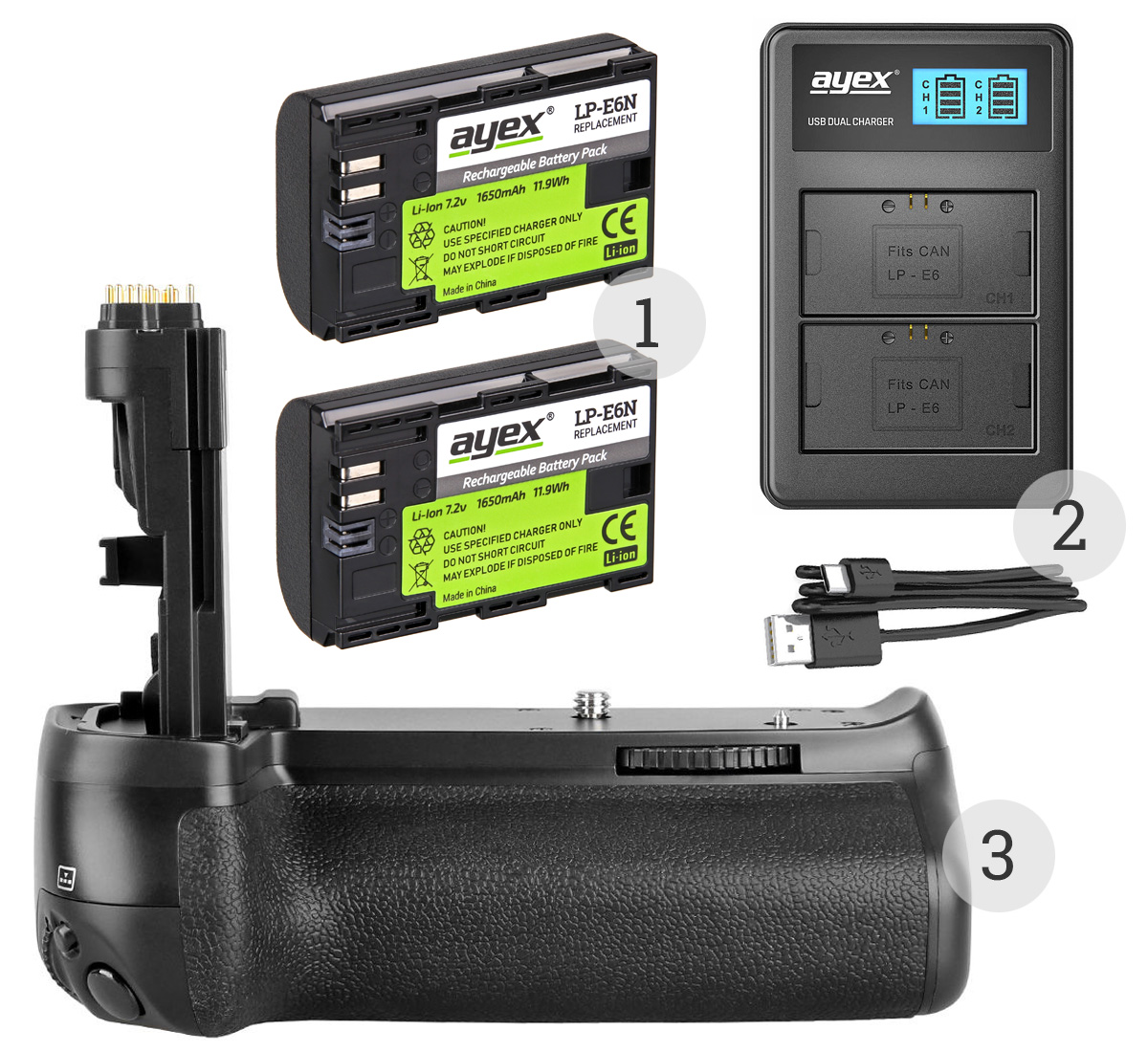 Batteriegriff Set für Canon EOS 90D 80D 70D + 2x LP-E6N Akku + 1x USB Dual Ladegerät wie BG-E14 Batteriegriff Set für Canon EOS 90D 80D 70D + 2x LP-E6N Akku + 1x USB Dual Ladegerät wie BG-E14