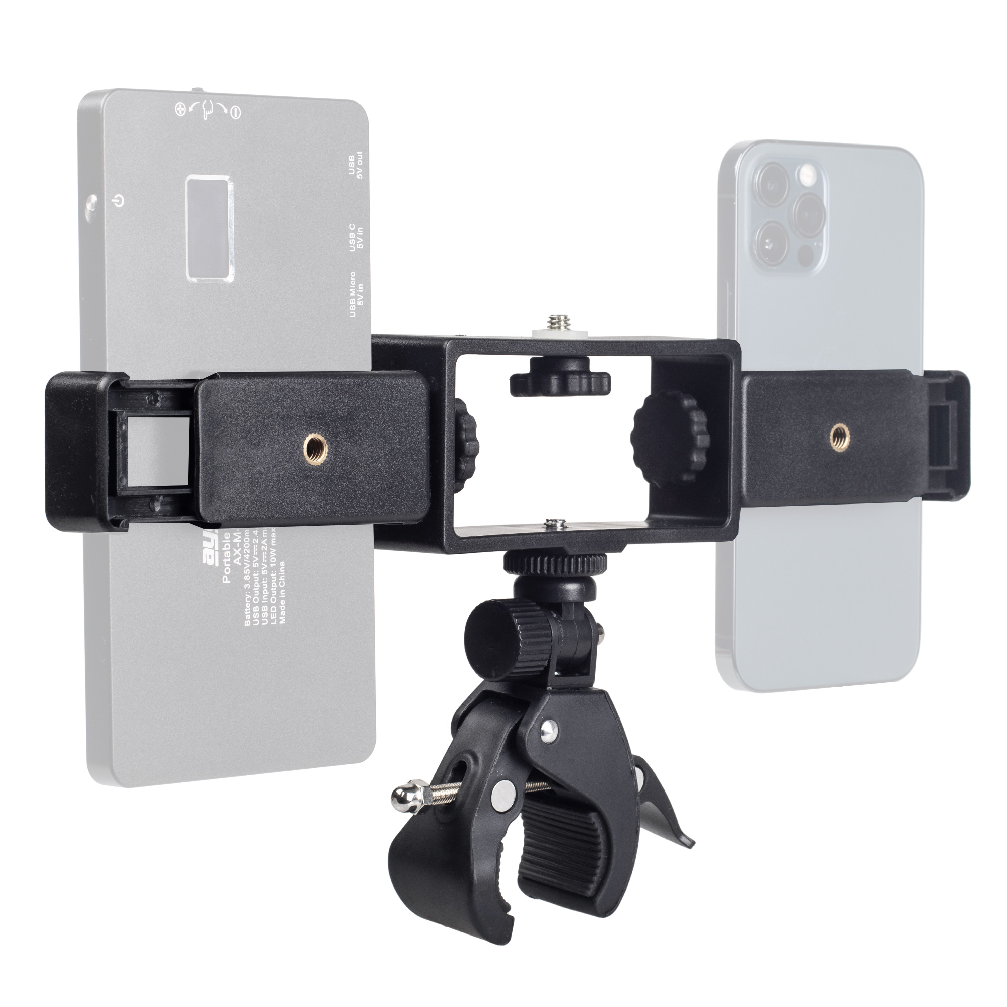 ayex Duale Smartphone-Halterung inkl. Universalklemme - Für 1/4 Zoll und Blitzschuh - Halterung für zwei Smartphones an z.B. Kamera & Stativ ayex Duale Smartphone-Halterung inkl. Universalklemme - Für 1/4 Zoll und Blitzschuh - Halterung für zwei Smartphones an z.B. Kamera & Stativ