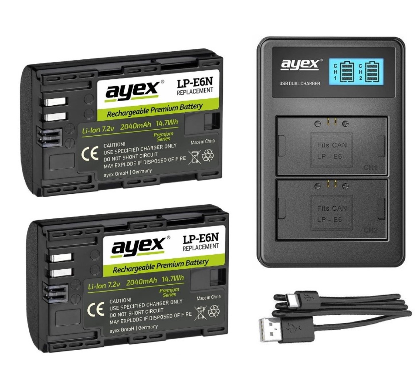 ayex Power Set mit 2x LP-E6N Akku für Canon + 1x USB Dual Ladegerät für zB EOS R 80D ayex Power Set mit 2x LP-E6N Akku für Canon + 1x USB Dual Ladegerät für zB EOS R 80D