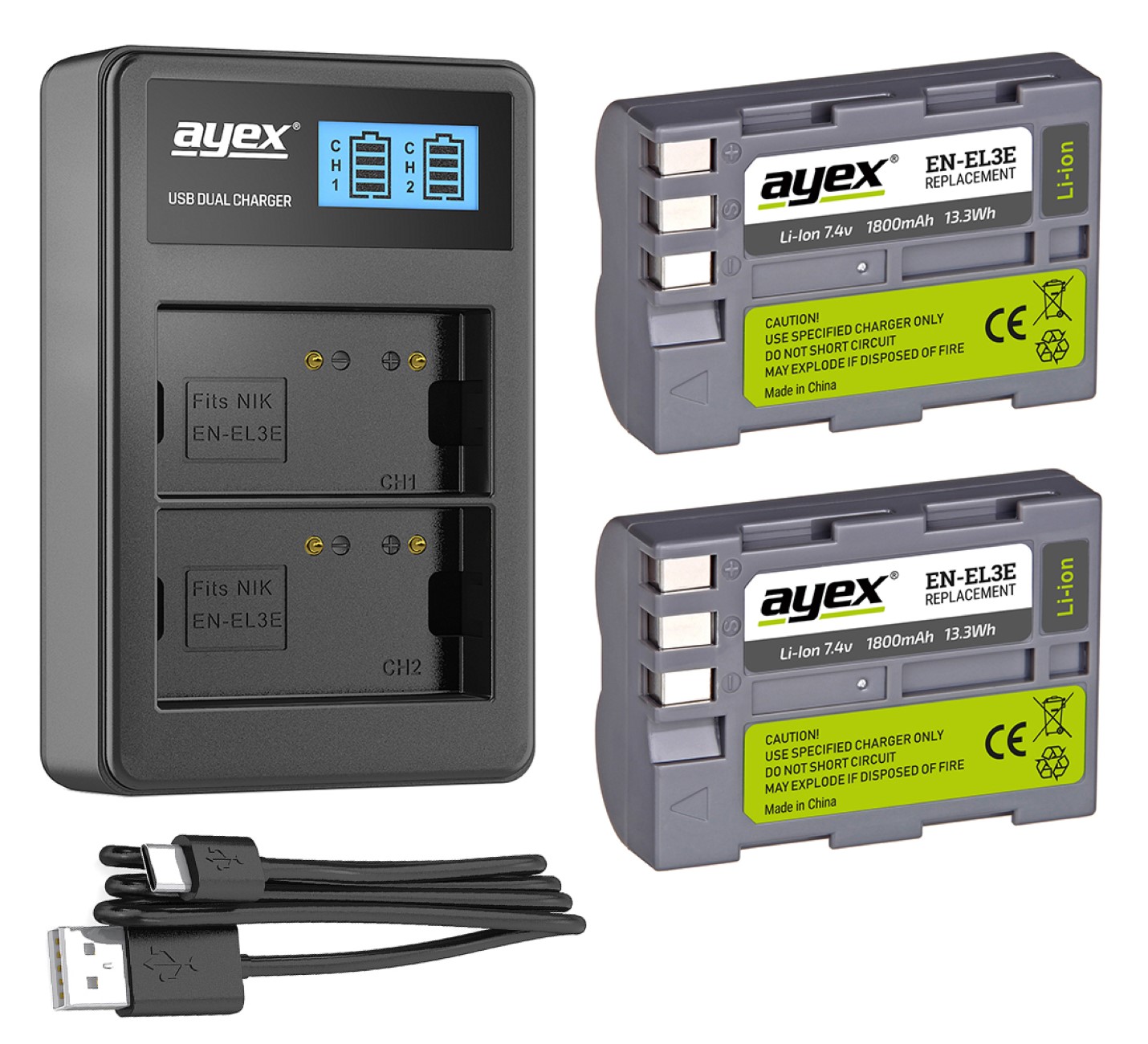 ayex Power Set mit 2x EN-EL3E Akku + 1x USB Dual Ladegerät für z.B. Nikon D700 D300s D200 D100 D90 ayex Power Set mit 2x EN-EL3E Akku + 1x USB Dual Ladegerät für z.B. Nikon D700 D300s D200 D100 D90