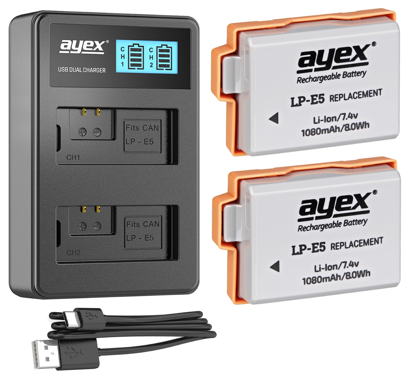 ayex Power Set mit 2x LP-E5 Akku für Canon + 1x USB Dual Ladegerät zB Canon EOS 450D 500D 1000D ayex Power Set mit 2x LP-E5 Akku für Canon + 1x USB Dual Ladegerät zB Canon EOS 450D 500D 1000D