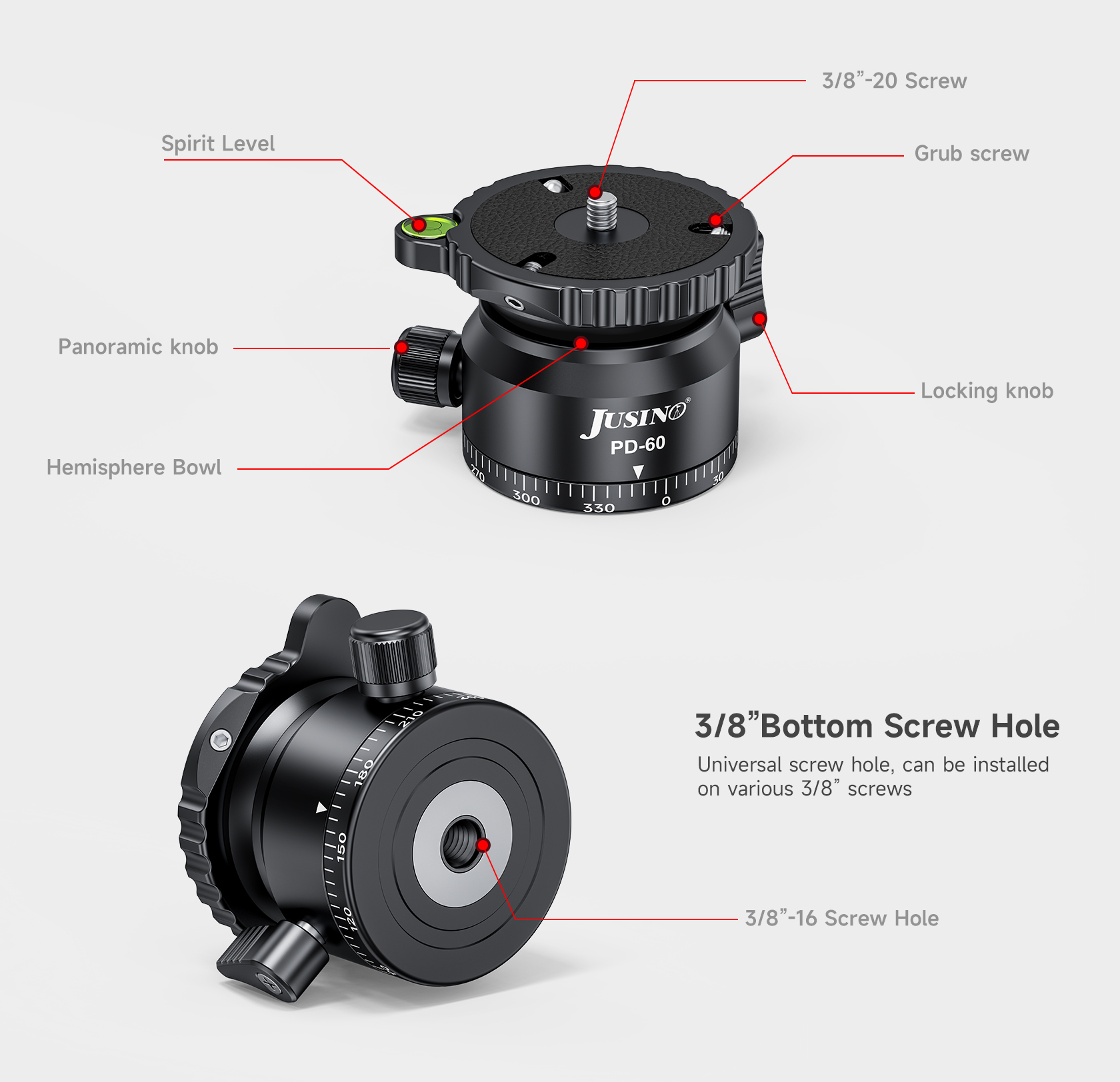 JUSINO Stativ-Nivellierbasis Neigekopf mit 360° Panorama-Funktion und ±15° Neigung PD-60 JUSINO Stativ-Nivellierbasis Neigekopf mit 360° Panorama-Funktion und ±15° Neigung PD-60
