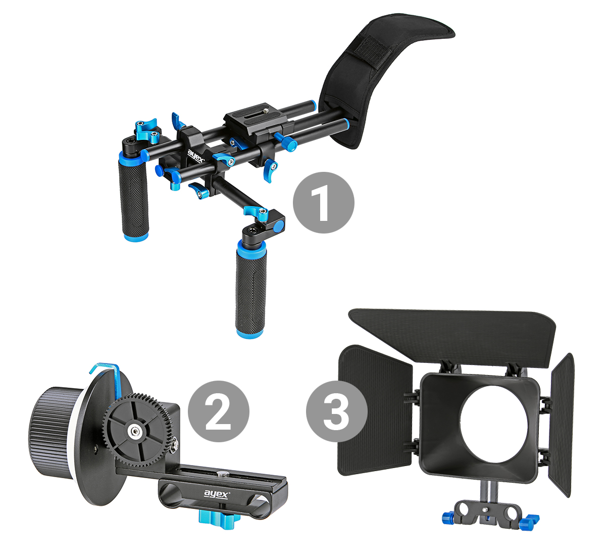 ayex DSLR Rig - Komplett Set - Schulterstativ - Follow Focus - Matte Box ayex DSLR Rig - Komplett Set - Schulterstativ - Follow Focus - Matte Box