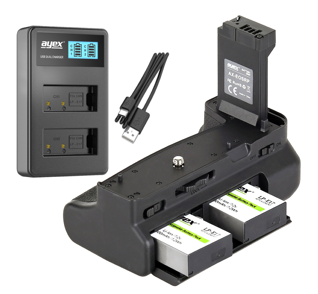 Batteriegriff Set für Canon EOS RP R8 + 2x LP-E17 Akku + 1x USB Dual Ladegerät Batteriegriff Set für Canon EOS RP R8 + 2x LP-E17 Akku + 1x USB Dual Ladegerät