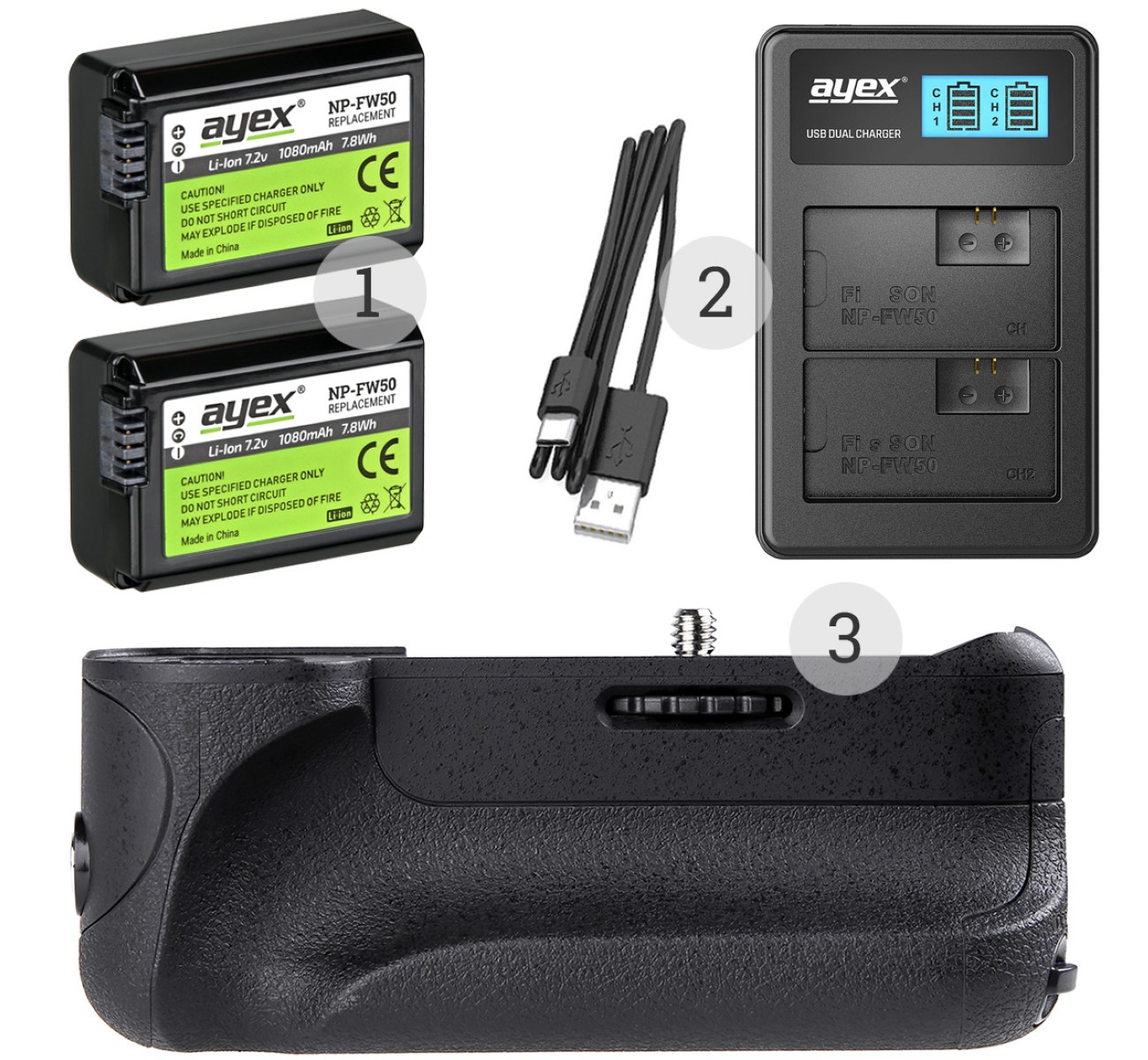 Batteriegriff Set für Sony Alpha A6300 A6000 + 2x NP-FW50 Akku + 1x USB Dual Ladegerät Batteriegriff Set für Sony Alpha A6300 A6000 + 2x NP-FW50 Akku + 1x USB Dual Ladegerät