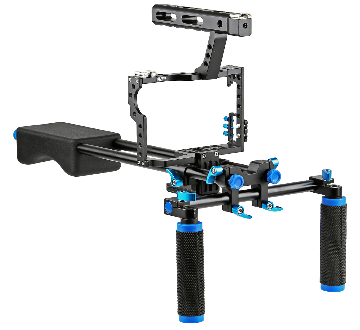 ayex Schulterstativ Kamera Cage Rig Set für Sony A7, A7II, A7R, A7RII, A7S, A7SII und Panasonic Lumix DMC-GH4 - Cage C5 Set ayex Schulterstativ Kamera Cage Rig Set für Sony A7, A7II, A7R, A7RII, A7S, A7SII und Panasonic Lumix DMC-GH4 - Cage C5 Set